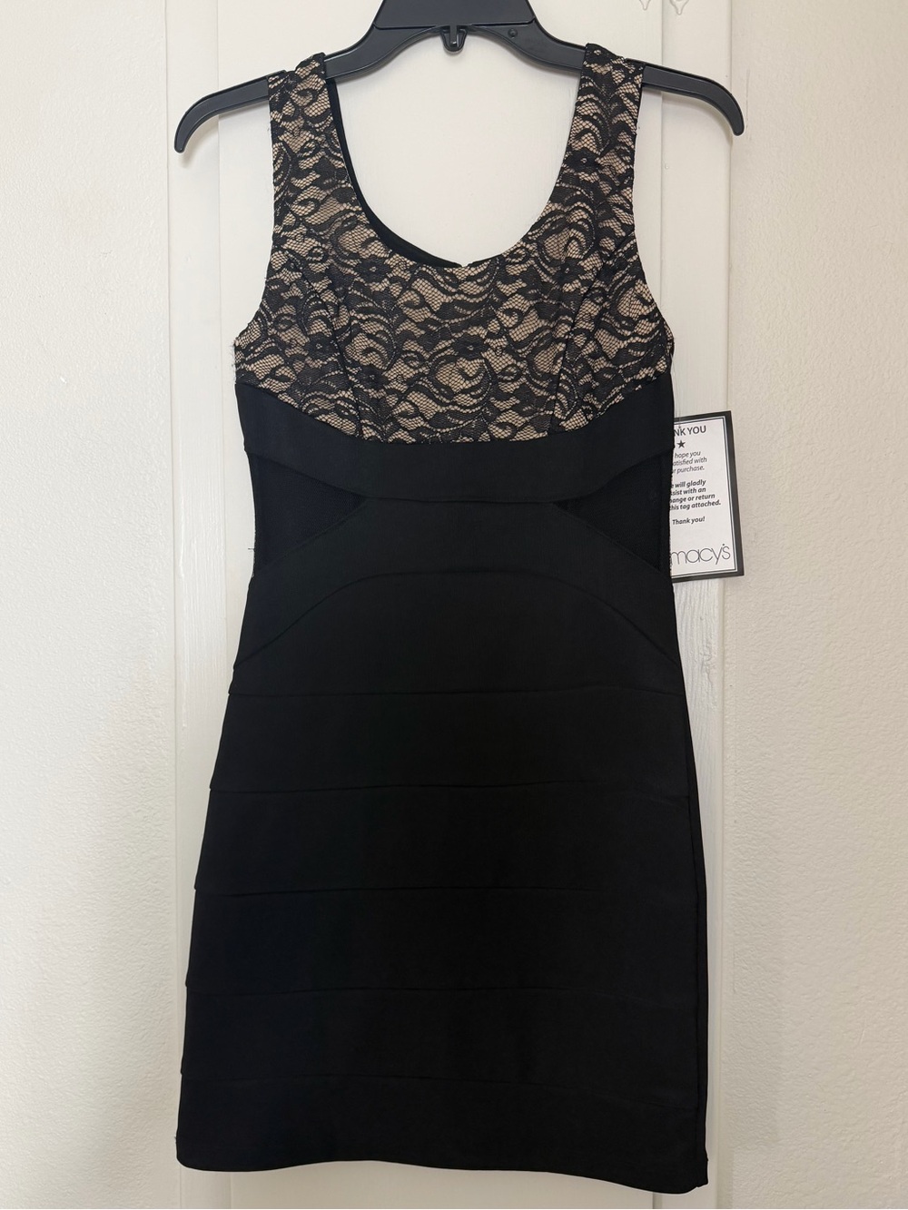 Crystal Doll Black Mini Dress with Nude Lace Overlay